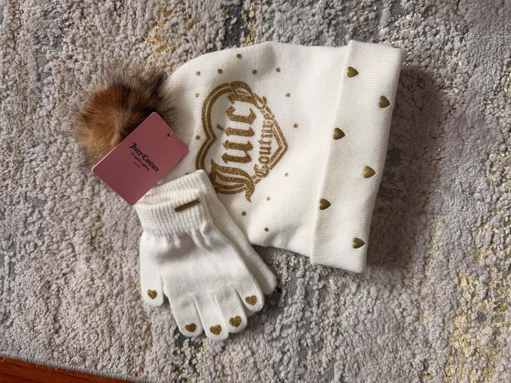 Juicy Couture Kids White Pom Pom Hat and Gloves Set with Gold Hearts